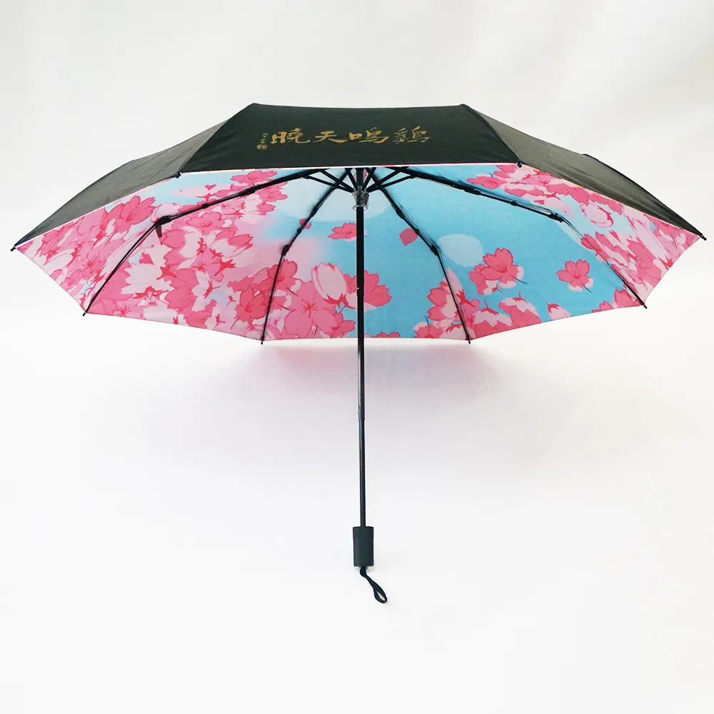 Nieuwe Groothandel Hoge Kwaliteit Outdoor Zwart Gecoate Bloem Bloemenprint Parasol Handleiding 3 Gevouwen Paraplu 'S Voor Regendicht