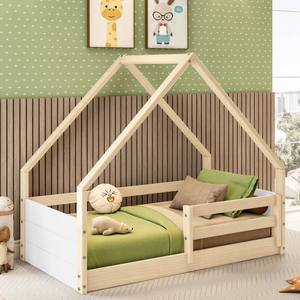 Cama Infantil <span class=keywords><strong>de</strong></span> Madera Maciza con Diseño <span class=keywords><strong>de</strong></span> Castillo y Armario Integrado, Diseño Semi-Alto y Barandillas Elevadas - Product Image 1