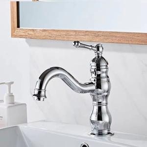 Robinet de lavabo de salle de bain de style rétro européen, en laiton, à poser sur le comptoir, monocommande, monotrou, mitigeur vintage en céramique - Product Image 6