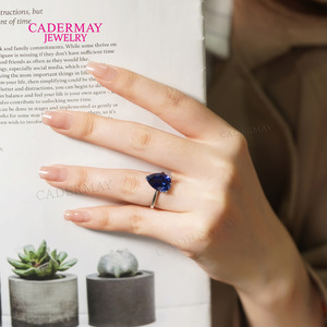 Cadermay 925 Sterling Silver Ring Pear Shape Sapphire Crystal Adjustable Unisex Engagement Jewelry - Product Image 2