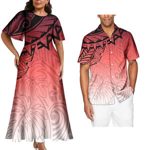 Conjunto de parejas tribales con patrón tribal polinesio a la moda, 2 uds., vestido de mujer para hombre y camisa hawaiana, conjuntos de pareja con diseño de Tapa samoana - Product Image 6