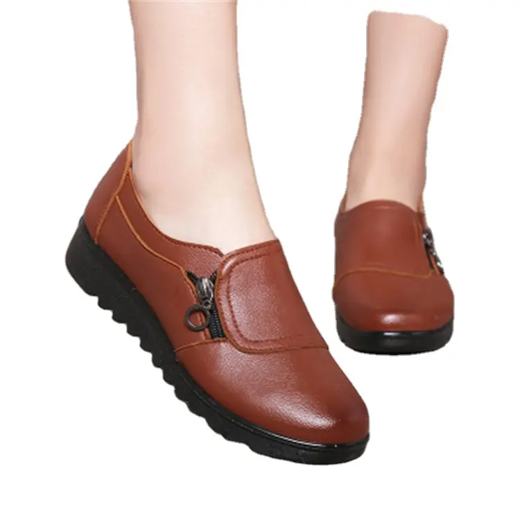 2021 Fashion Soft Pu Leather Women Casual Flats Ladies Side Zipper Flat Shoes Mother Single Shoes QA329