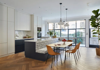 Îlot de cuisine fonctionnel et élégant en MDF écologique en forme de L avec robinet pour banquette confortable, peint en blanc-brun