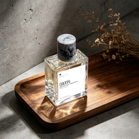 Bouteille de parfum vide en verre transparent de 100 ml avec étiquette personnalisée, paroi épaisse, épaule plate, forme rectangulaire carrée, avec bouchon en marbre