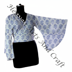Ropa de playa Boho Chic Floral Block Print Wrap Tie Top Bell Sleeve Cotton Bikini Style Tops para verano Hand Block Print Top - Product Image 1