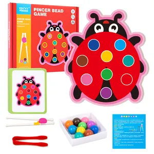 Wooden multi theme cartoon bead clip game children's puzzle preschool education fine motor training flash card toys