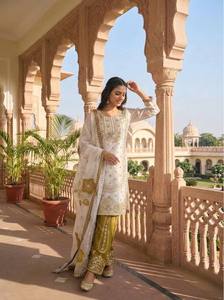 Conjunto de Salwar Kameez Dupatta de Seda GMY con Bordado Floral Blanco, Traje Tradicional Indio para Mujer, Ropa para Bodas y Fiestas - Product Image 3