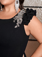 Robe de soirée mi-longue noire moulante à taille cintrée, manches asymétriques en forme de pétales de fleurs, ourlet à volants, ourlet fendu, grande taille, pour cocktail