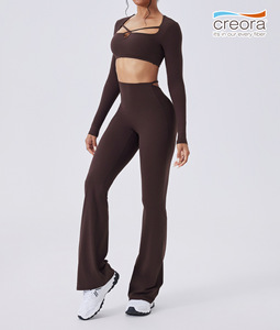 Conjunto <span class=keywords><strong>de</strong></span> Yoga con Logotipo Personalizado para Mujer, Pantalones Acampanados con Corte, Top Corto <span class=keywords><strong>de</strong></span> Manga Larga, Conjunto Deportivo con Tirantes, Ropa <span class=keywords><strong>de</strong></span> Gimnasio <span class=keywords><strong>de</strong></span> Secado Rápido - Product Image 3