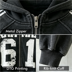 Sudadera con capucha y cremallera estilo vintage personalizada para hombre |   Chaqueta con Capucha y Cierre Completo, Corte Cuadrado, con 3 Franjas en las Mangas |   Impresión de Números RAMMAX, Marca Privada - Product Image 3