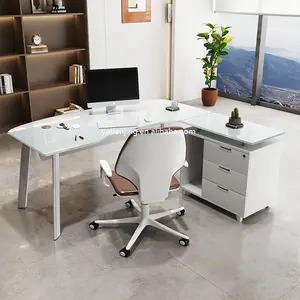 Good Prices Metal Legs 3 Drawer With Cabinet Glass Desk Modern Manager Table Home Office Computer Desk