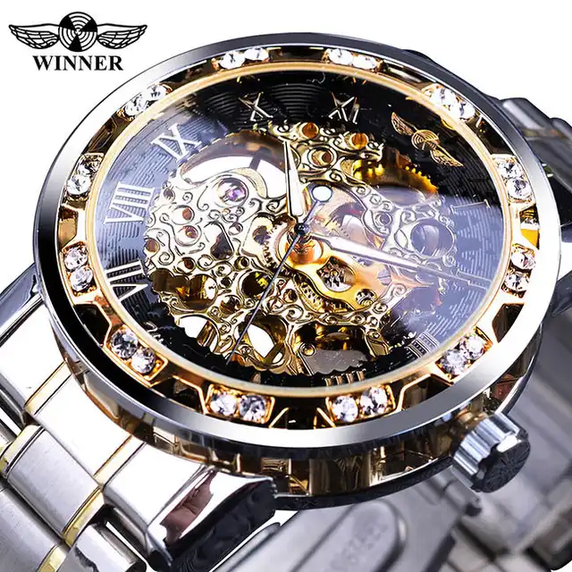 Gagnant 1089 Hommes Top Marque De Luxe Transparent Mode Diamant Lumineux Gear Mouvement Royal Design Mâle Mécanique Squelette Montre