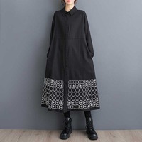 Nouvelle Robe Chemise Trapèze Femme Printemps 2026, Coupe A-Line, Manches Longues, Grande Taille, Broderie Florale, Ourlet Midi, Ample et Décontractée, Noire