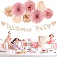 Décorations de fête de baby shower rose poudré et or rose - Bannière de bienvenue pour bébé, lanternes en papier neutres, décorations florales en pompons