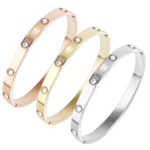 Designer Famous Brand Ladies Women Crystal CZ Cubic Zirconia Stainless Steel Fashion Jewelry Love Screw Bracelet Bangle