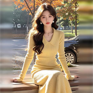Robe en tricot à col polo jaune vif de style coréen pour femmes, robe longue élégante décontractée, automne 2025 - Product Image 6