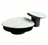 Ensemble de tables basses gigognes irrégulières en marbre naturel minimaliste italien, 2 pièces, base cylindrique en métal, table centrale de luxe pour salon