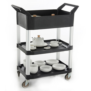 Chariot de service hôtelier 87,5x46,5x111,5cm en plastique noir avec 4 roulettes pivotantes, chariot polyvalent - Product Image 3