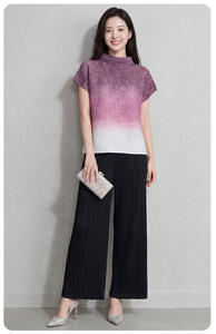 PY Korean Style Casual Slim Fit Pleated Eco-Friendly Women's Geometric Pattern Print Stand Collar Short Sleeve Blouse 100% - Product Image 5