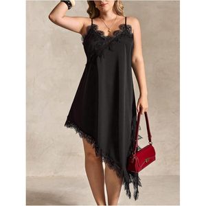 Vestido Camisero de Encaje para Mujer, Talla Grande, Asimétrico, Midi, Casual, Verano, Tirantes Finos, Chifón, Vestido de Fiesta - Product Image 5