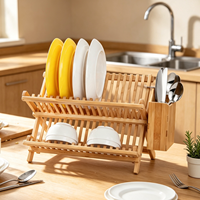 Étagère de rangement de cuisine pliable à double niveau en bambou Houselin pour évier, vaisselle, bols et ustensiles