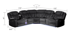 Canapé sectionnel inclinable de style moderne, avec ports USB-C et Bluetooth intégrés, fabriqué en bois et simili cuir noir - Product Image 5