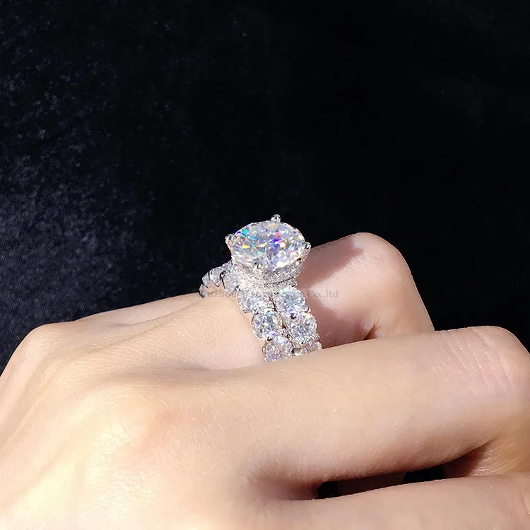 Tianyu gemas personalização 4ct 4 quilates 14k moissanite ouro branco e diamante noivado anel de casamento conjunto para as mulheres