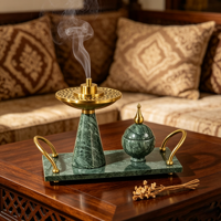 Ensemble de brûleurs d'encens en marbre vert de luxe, brûleur de Bakhoor, brûleur de Mubkhar, brûleur d'Oud avec plateau pour le Ramadan, l'Aïd, la décoration de la maison arabe