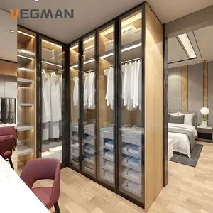 Kustom kaca kamar tidur Modern dan lemari pakaian kayu furnitur untuk ruang ganti
