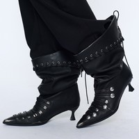 Bottes coréennes à talon épais et bout pointu clouté pour femme, nouvelle collection printemps/été, chaussures à talons hauts en microfibre, mi-mollet