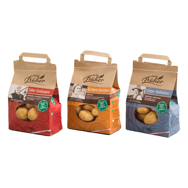 Özel patates taşıma çantası örgü pencere ile Kraft kağıt ambalaj poşetleri için kolları ile patates soğan sebze