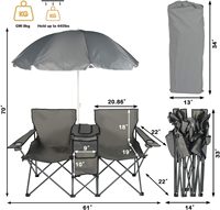 Chaise de camping pliable double en acier allié avec parasol, table pliante, porte-boissons, glacière et sac de transport – Portable pour terrasse