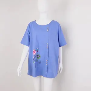 Fabriek Groothandel Vrouwen Bloemen Printing Blouses Korte Mouwen O Neck Summer Tops Kwaliteit Casual Katoenen Kleding