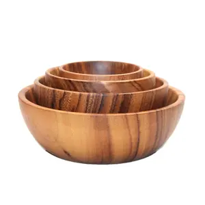 High Quality Wooden Tableware Kitchen Big Bowls Set Large Acacia Wood Solid Salad Soup Bowls