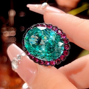Fashion Eco-friendly Copper Black Gold Plated Big 15*20mm Paraiba Green Zircon 3 Piece Wedding <b>Ring</b> Garnet Jewelry <b>Set</b> for <b>Women</b> - Product Image 5