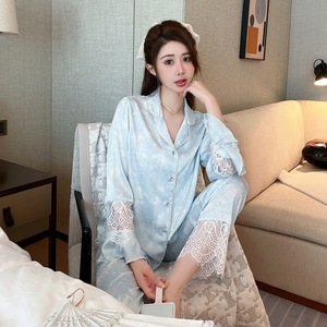 Ensemble de pyjama deux pièces en soie glacée à manches longues, nouvelle collection, imprimé tie-dye en satin, lingerie de nuit en dentelle – Offre Spéciale - Product Image 6