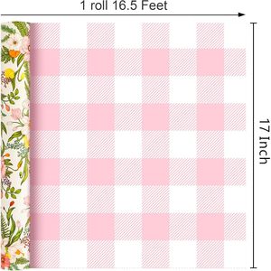 MAYPLUSS Floral Wrapping <b>Paper</b> <b>Roll</b> 17Inch x 33Feet Reversible Pink Grid Spring Summer Gift <b>Wrap</b> Eco-Friendly - Product Image 4
