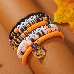 Cartoon Beaded Bracelet <b>Set</b> Halloween Accessories Multi Layered Polymer <b>Clay</b> Pumpkin Skull Charm Women's Fashion Jewelry - Product Image 3