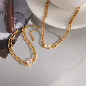 J&<b>D</b> Elegant Figaro Chain Jewelry Set 18K Gold Plated <b>Necklace</b> Bracelet with Square CZ Accents Coordinated Matching Set - Product Image 6