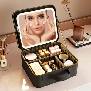 Trois couleurs lumière personnalisée voyage Portable trousse de maquillage vanité boîte à cosmétiques miroir trousse de maquillage avec lumière LED