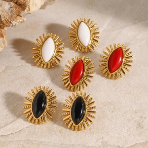 Thép không gỉ 18K mạ vàng cổ điển Chunky men Bông tai mới hợp thời trang đen đỏ trắng mã não đá quý đinh tán - Product Image 3