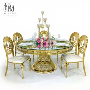 Table de banquet ronde sur mesure en acier inoxydable doré avec base en fil métallique et plateau en verre trempé miroir pour réceptions de mariage - Product Image 3