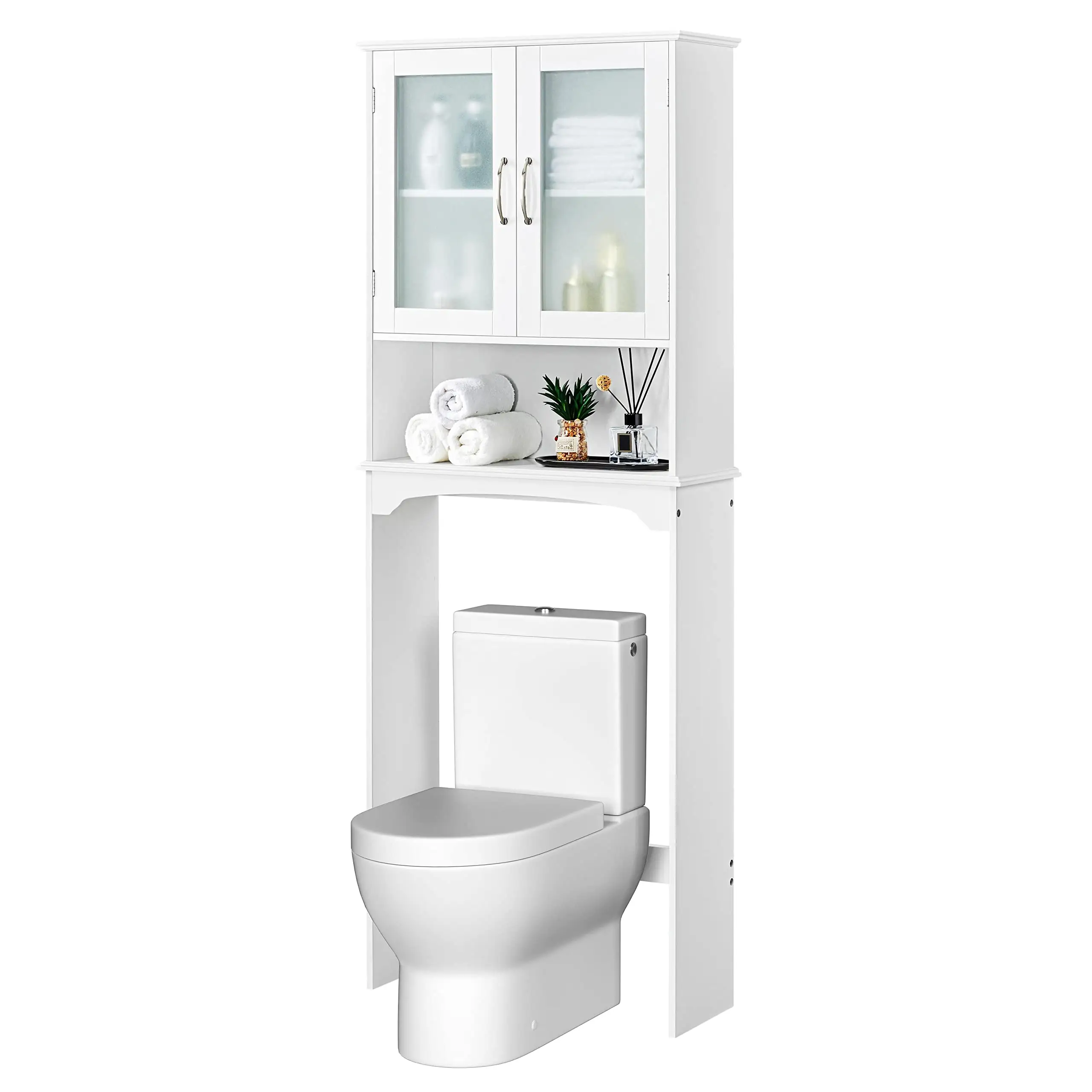 Above toilet locker, double tempered glass doors and adjustable shelving, separate bathroom storage rack