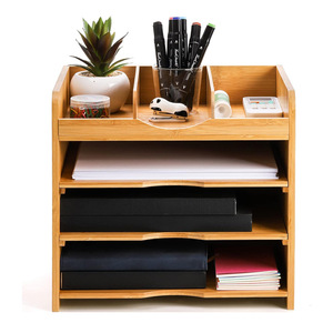 Organizador de oficina de bambú de 4 niveles, estante de almacenamiento de escritorio desmontable para documentos, libros y artículos de papelería - Product Image 5