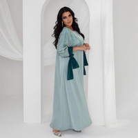 X-235 arabe mode nœud manches robe islamique Ramadanmodle robe de soirée bleu Abaya robe musulmane