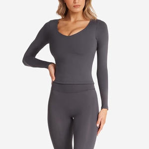 Sexy V-Neck manga comprida <span class=keywords><strong>Yoga</strong></span> Top Embutido Sutiã Acolchoado Slim Fit Toning Workout Secagem Rápida Respirável Tecido Ginásio Correndo Impressão - Product Image 5