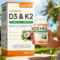 Capsules de vitamine D3 K2 végétaliennes à marque privée, 120 unités, pour adultes et adolescents, soutien immunitaire, santé osseuse, complément à l'huile de coco