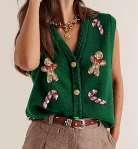 Chaleco de suéter navideño feo para mujer, 100% algodón, cárdigan de punto, diseño personalizado de jengibre y bastones de caramelo, para fiestas navideñas, suéter de Navidad, venta al por mayor - Product Image 2