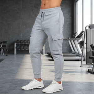 Pantalon de survêtement cargo gris uni pour homme, coupe slim, taille élastique, cordon de serrage, plusieurs poches, décontracté, pour l'automne - Product Image 6