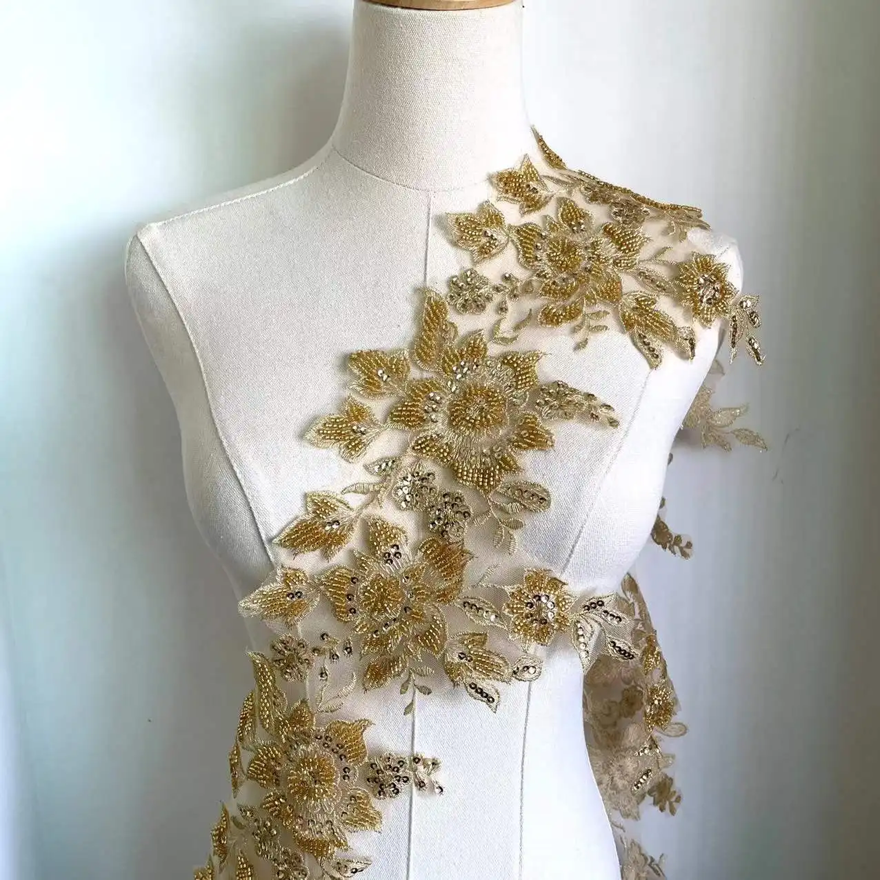 Fancy Floral Embroidery Sequined Beaded Bridal Hem Lace Trim, Small Narrow Beaded Wedding Veil Lace Trims